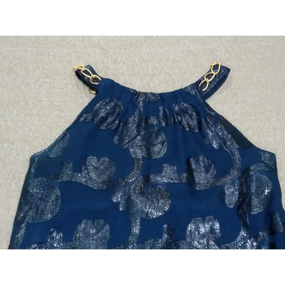 Jade Melody Women's Blouse Top Blue Metallic Floral Pattern Gold Chain Straps S